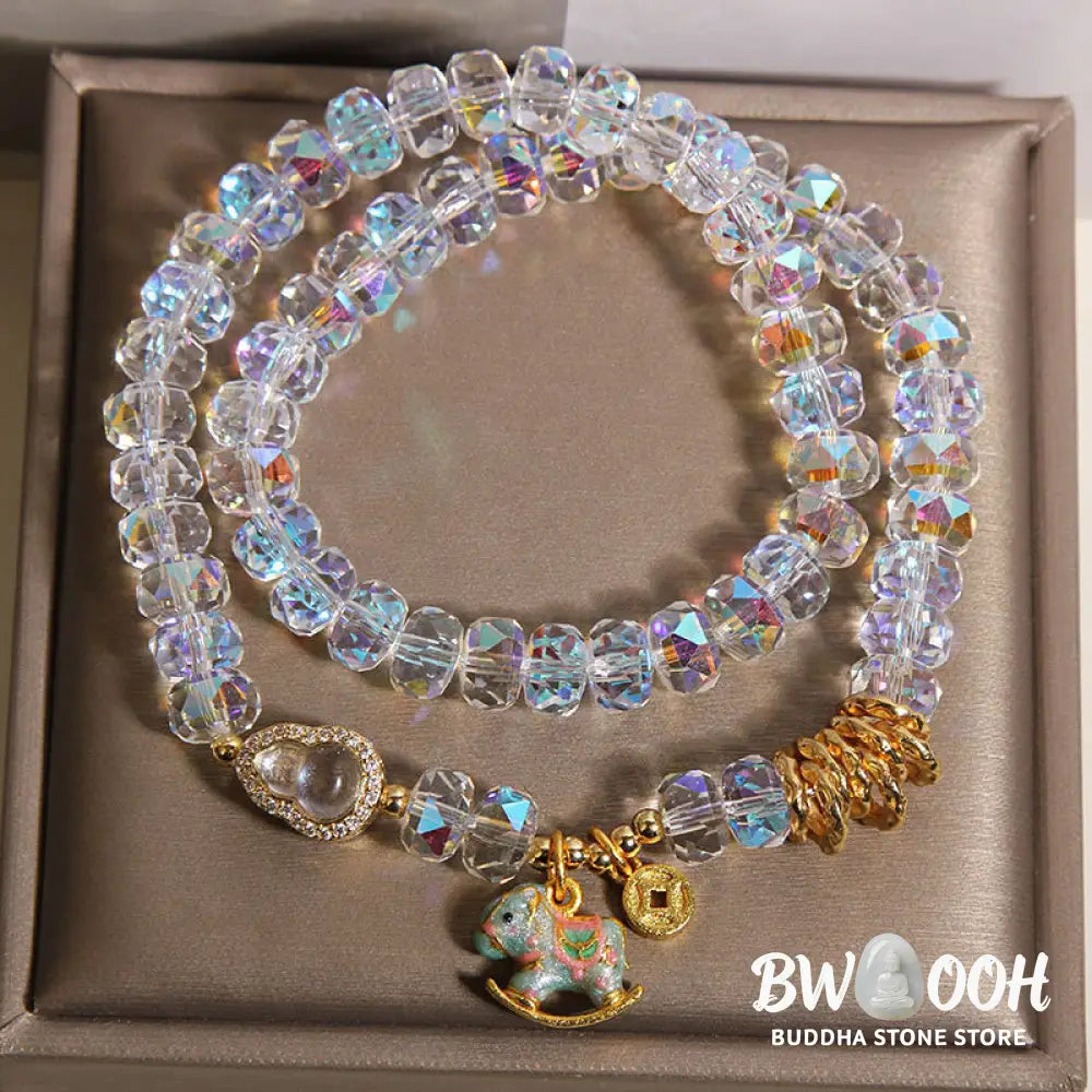 Buddha Stones Chinese Zodiac Year Of The Horse Crystal Glass Copper Coin Gourd Double Wrap Bracelet - Bracelet