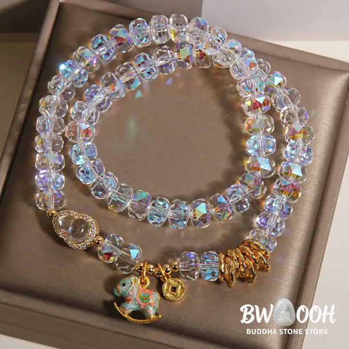 Buddha Stones Chinese Zodiac Year Of The Horse Crystal Glass Copper Coin Gourd Double Wrap Bracelet - Bracelet