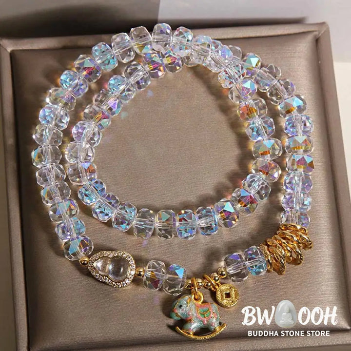 Buddha Stones Chinese Zodiac Year Of The Horse Crystal Glass Copper Coin Gourd Double Wrap Bracelet - Bracelet
