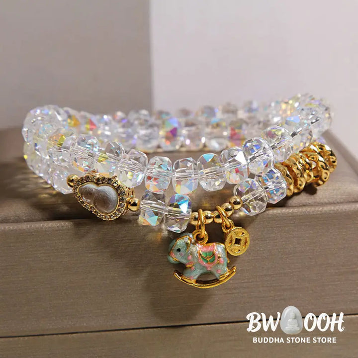 Buddha Stones Chinese Zodiac Year Of The Horse Crystal Glass Copper Coin Gourd Double Wrap Bracelet - Bracelet