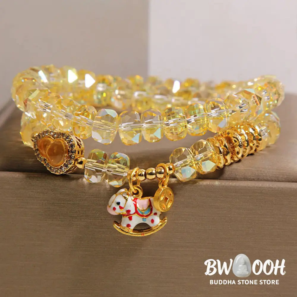 Buddha Stones Chinese Zodiac Year Of The Horse Crystal Glass Copper Coin Gourd Double Wrap Bracelet - Bracelet