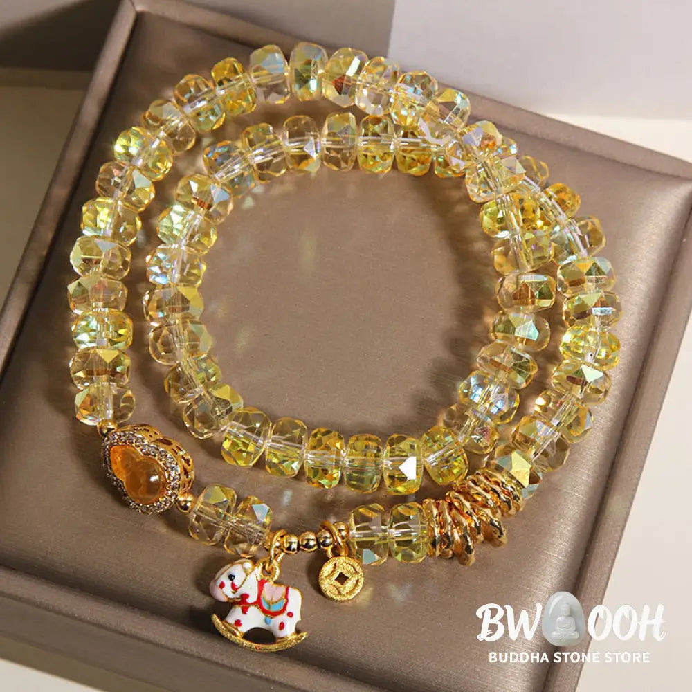 Buddha Stones Chinese Zodiac Year Of The Horse Crystal Glass Copper Coin Gourd Double Wrap Bracelet - Bracelet