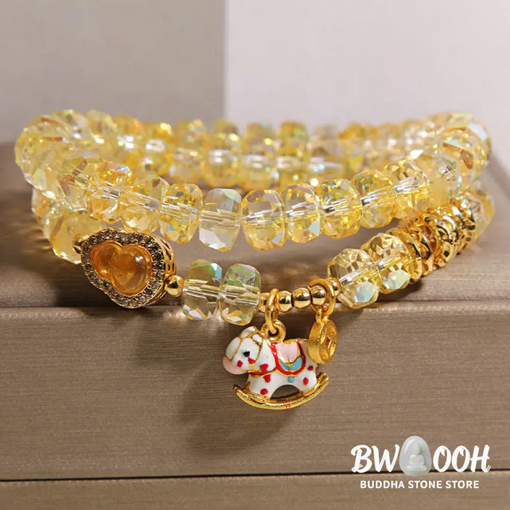 Buddha Stones Chinese Zodiac Year Of The Horse Crystal Glass Copper Coin Gourd Double Wrap Bracelet - Bracelet