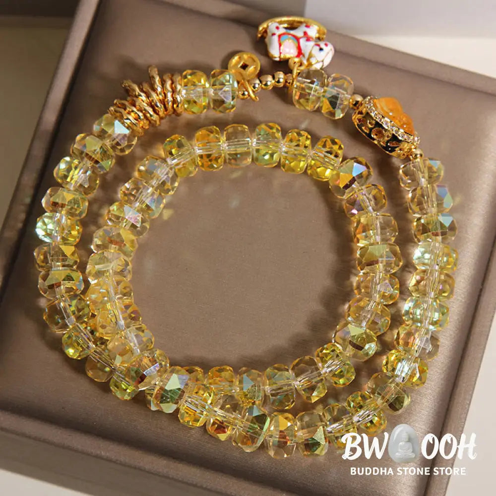 Buddha Stones Chinese Zodiac Year Of The Horse Crystal Glass Copper Coin Gourd Double Wrap Bracelet - Bracelet