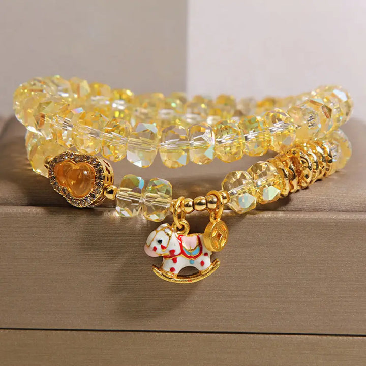 Buddha Stones Chinese Zodiac Year Of The Horse Crystal Glass Copper Coin Gourd Double Wrap Bracelet - Yellow(Wrist