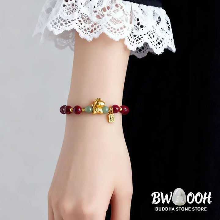 Buddha Stones Chinese Zodiac Year of the Horse Fu Character Cinnabar Hetian Jade Blessing Bracelet - Bracelet