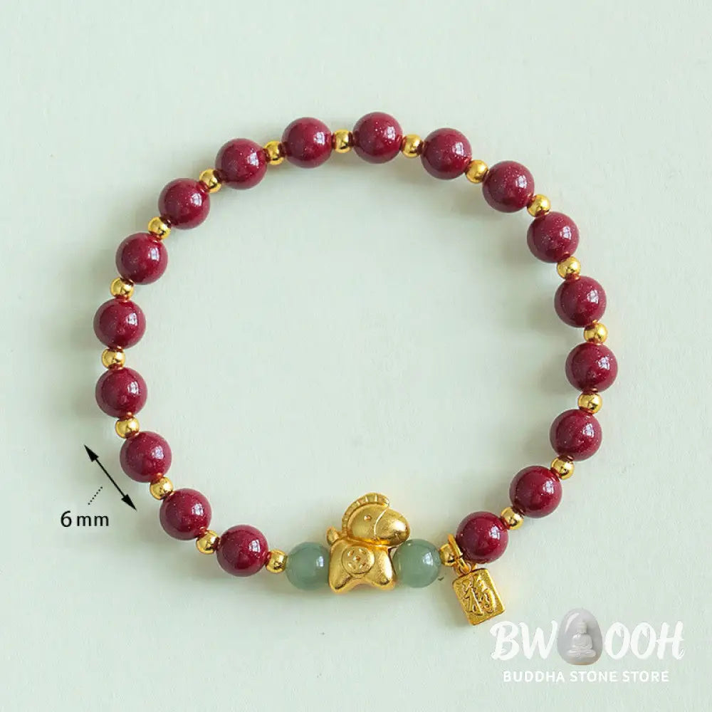 Buddha Stones Chinese Zodiac Year of the Horse Fu Character Cinnabar Hetian Jade Blessing Bracelet - Bracelet