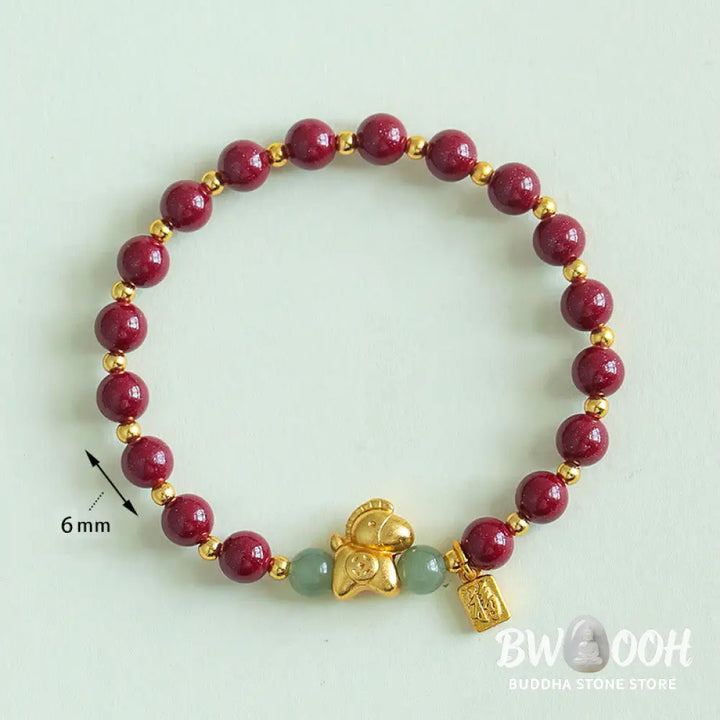 Buddha Stones Chinese Zodiac Year of the Horse Fu Character Cinnabar Hetian Jade Blessing Bracelet - Bracelet