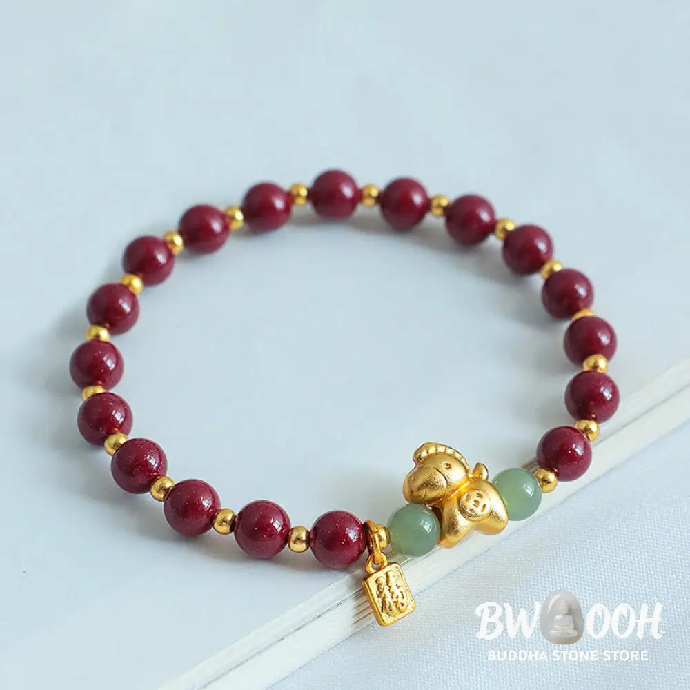 Buddha Stones Chinese Zodiac Year of the Horse Fu Character Cinnabar Hetian Jade Blessing Bracelet - Bracelet