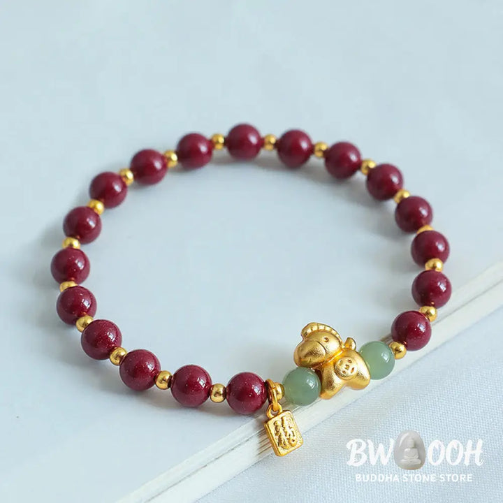 Buddha Stones Chinese Zodiac Year of the Horse Fu Character Cinnabar Hetian Jade Blessing Bracelet - Bracelet