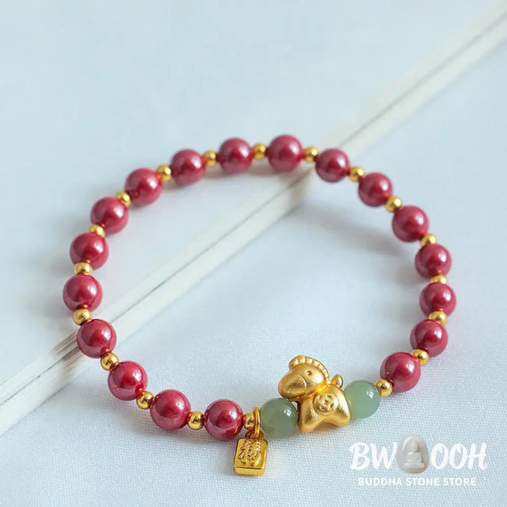 Buddha Stones Chinese Zodiac Year of the Horse Fu Character Cinnabar Hetian Jade Blessing Bracelet - Bracelet