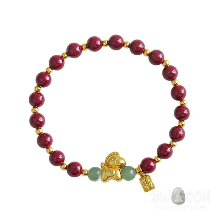 Buddha Stones Chinese Zodiac Year of the Horse Fu Character Cinnabar Hetian Jade Blessing Bracelet - Bracelet