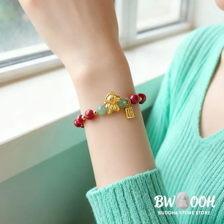 Buddha Stones Chinese Zodiac Year of the Horse Fu Character Cinnabar Hetian Jade Blessing Bracelet - Bracelet