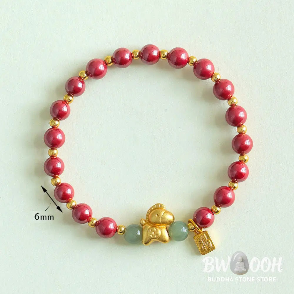 Buddha Stones Chinese Zodiac Year of the Horse Fu Character Cinnabar Hetian Jade Blessing Bracelet - Bracelet