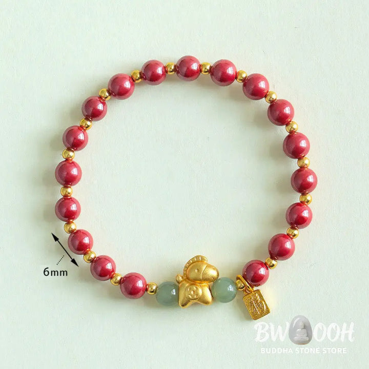 Buddha Stones Chinese Zodiac Year of the Horse Fu Character Cinnabar Hetian Jade Blessing Bracelet - Bracelet