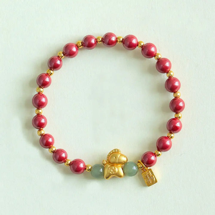 Buddha Stones Chinese Zodiac Year of the Horse Fu Character Cinnabar Hetian Jade Blessing Bracelet - Imperial