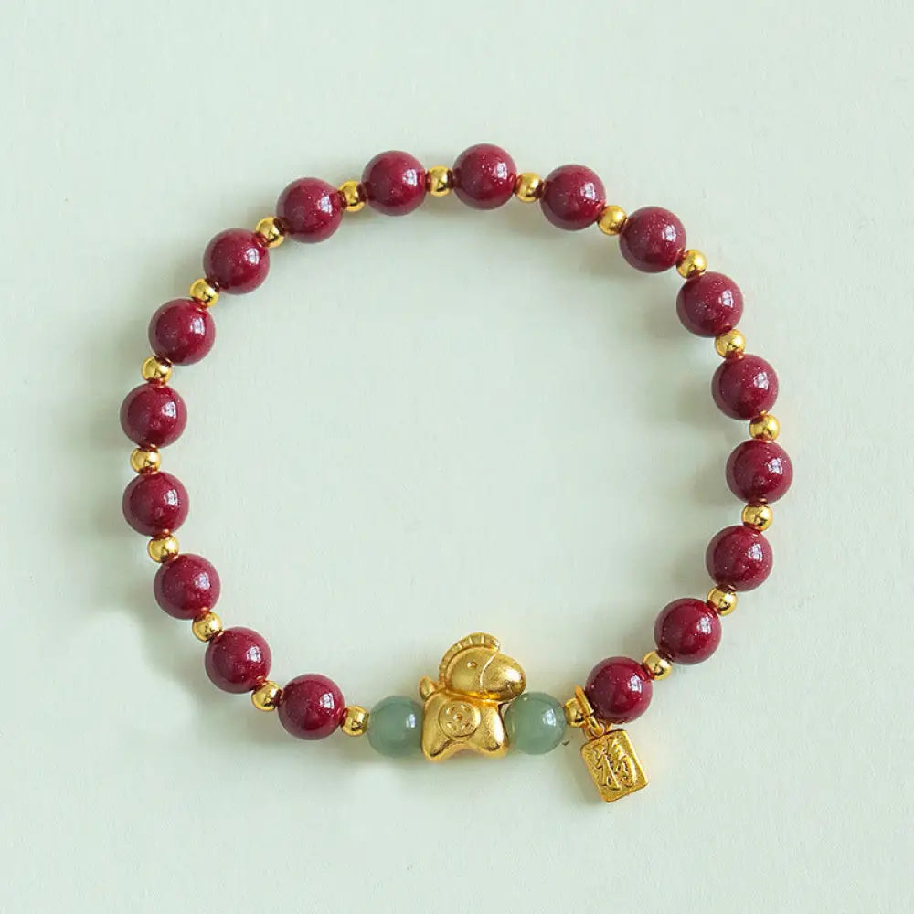Buddha Stones Chinese Zodiac Year of the Horse Fu Character Cinnabar Hetian Jade Blessing Bracelet - Cinnabar(Wrist