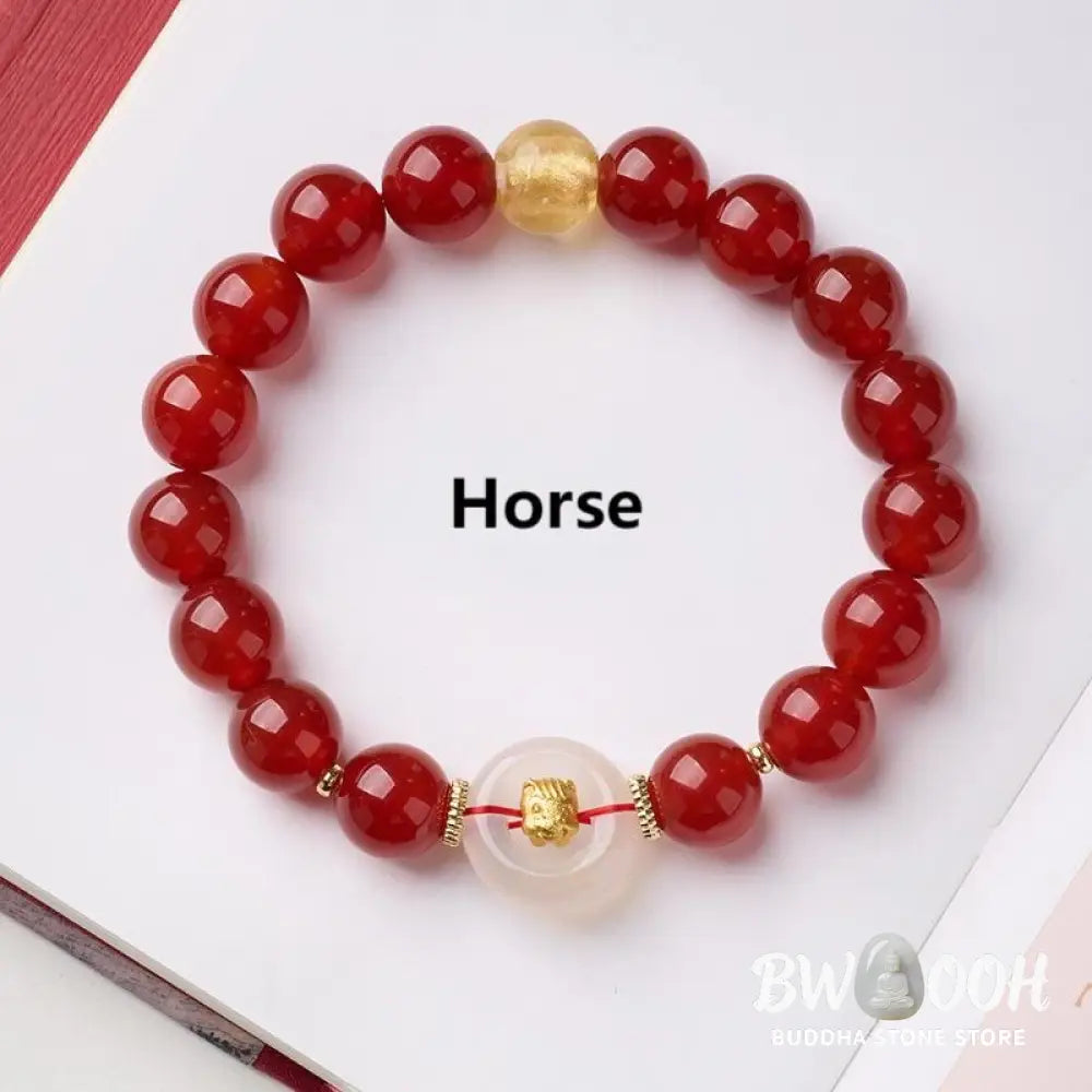 Buddha Stones Chinese Zodiac Year Of The Horse Peace Buckle Red Agate White Chalcedony Confidence Bracelet - Bracelet