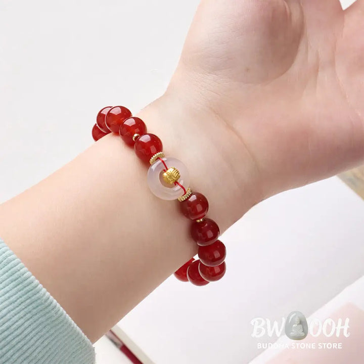 Buddha Stones Chinese Zodiac Year Of The Horse Peace Buckle Red Agate White Chalcedony Confidence Bracelet - Bracelet