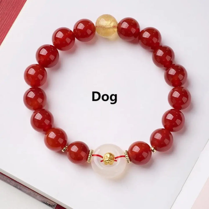 Buddha Stones Chinese Zodiac Year Of The Horse Peace Buckle Red Agate White Chalcedony Confidence Bracelet - Dog