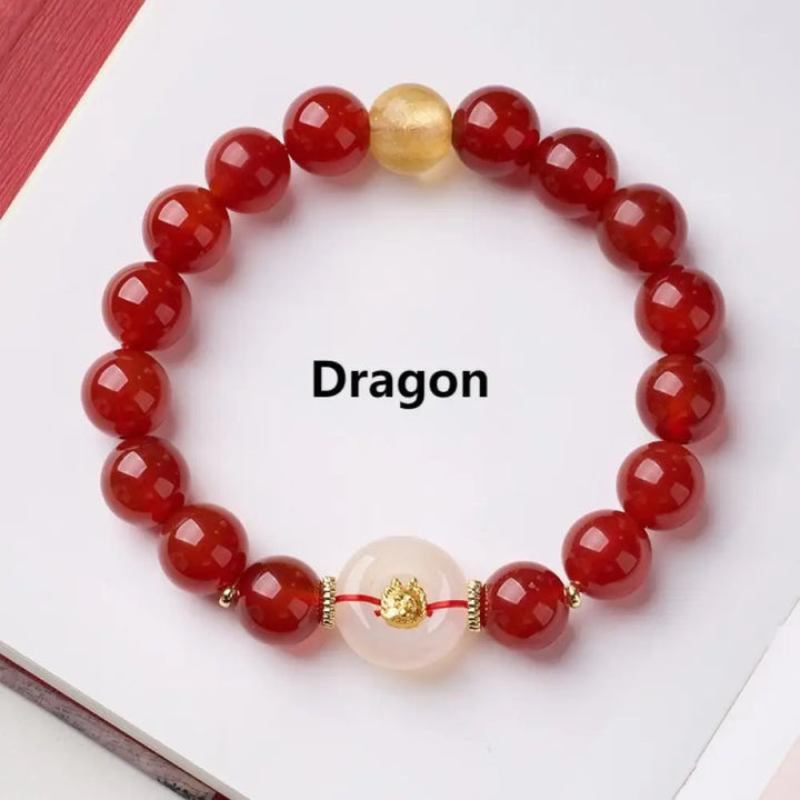 Buddha Stones Chinese Zodiac Year Of The Horse Peace Buckle Red Agate White Chalcedony Confidence Bracelet - Dragon