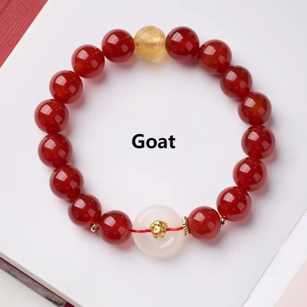 Buddha Stones Chinese Zodiac Year Of The Horse Peace Buckle Red Agate White Chalcedony Confidence Bracelet - Goat
