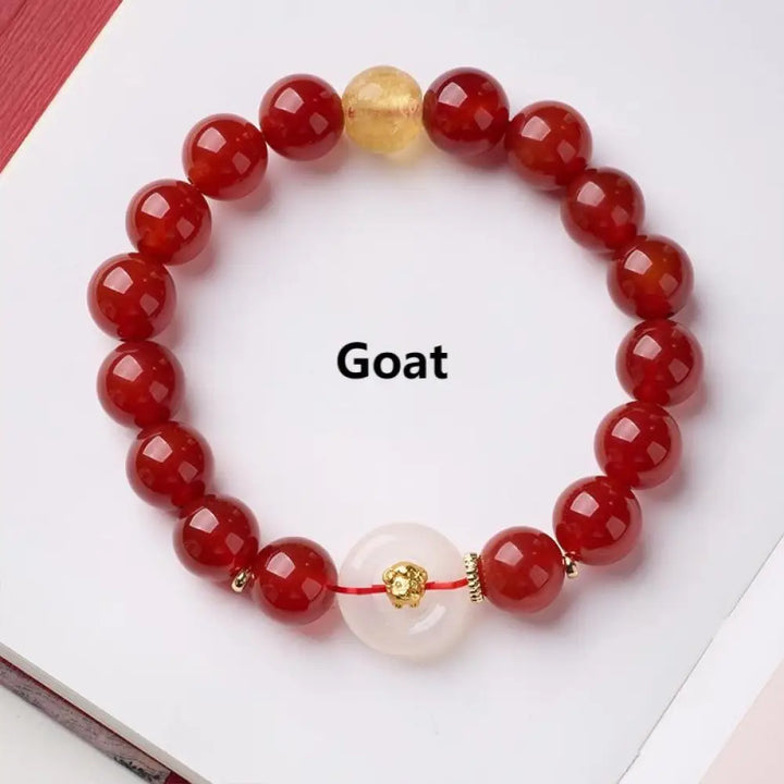 Buddha Stones Chinese Zodiac Year Of The Horse Peace Buckle Red Agate White Chalcedony Confidence Bracelet - Goat