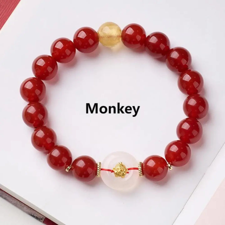 Buddha Stones Chinese Zodiac Year Of The Horse Peace Buckle Red Agate White Chalcedony Confidence Bracelet - Monkey