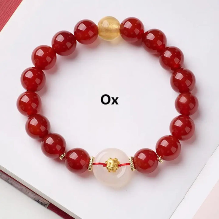 Buddha Stones Chinese Zodiac Year Of The Horse Peace Buckle Red Agate White Chalcedony Confidence Bracelet - Ox
