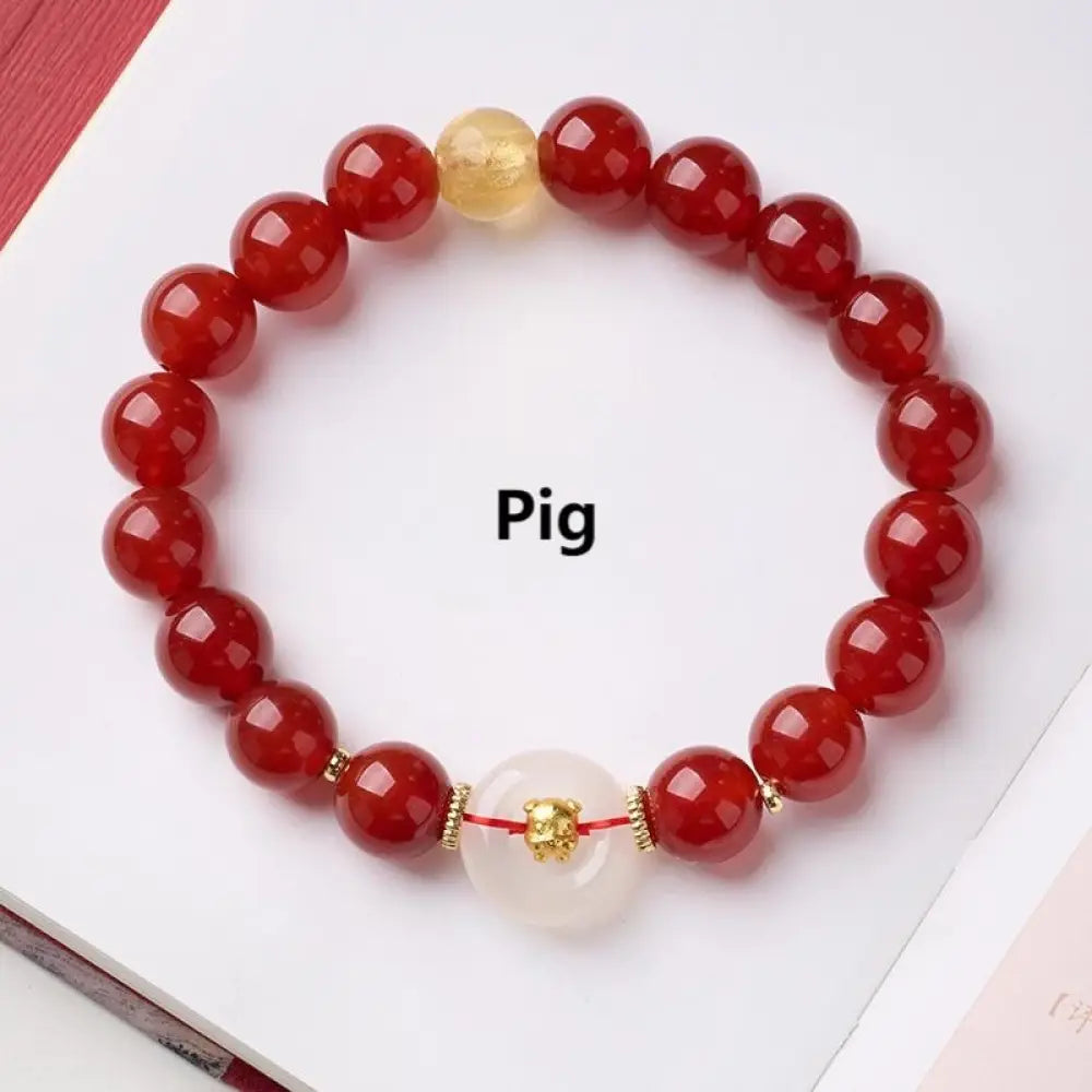 Buddha Stones Chinese Zodiac Year Of The Horse Peace Buckle Red Agate White Chalcedony Confidence Bracelet - Pig
