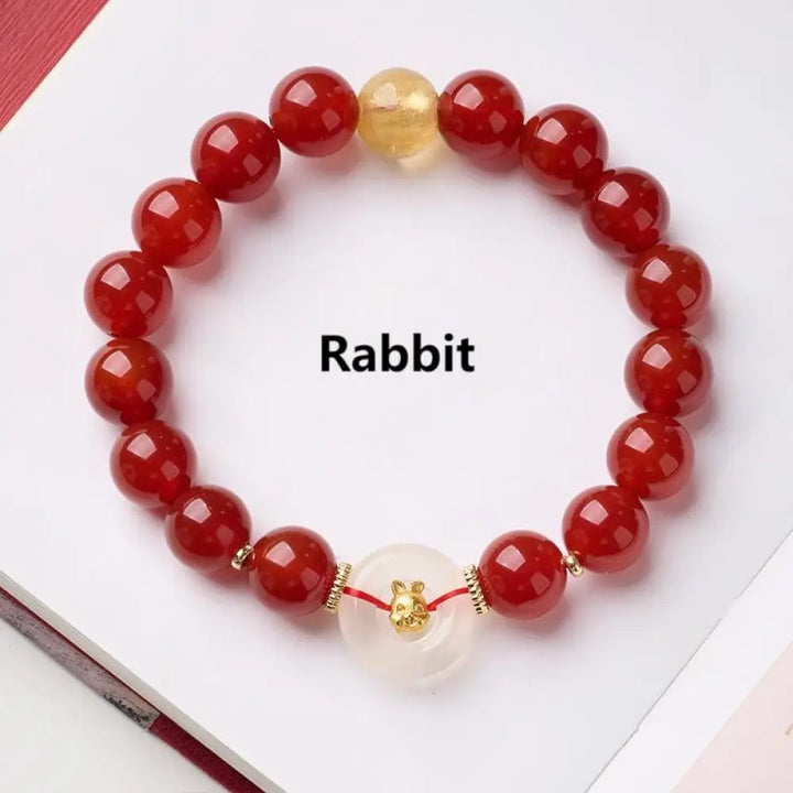 Buddha Stones Chinese Zodiac Year Of The Horse Peace Buckle Red Agate White Chalcedony Confidence Bracelet - Rabbit