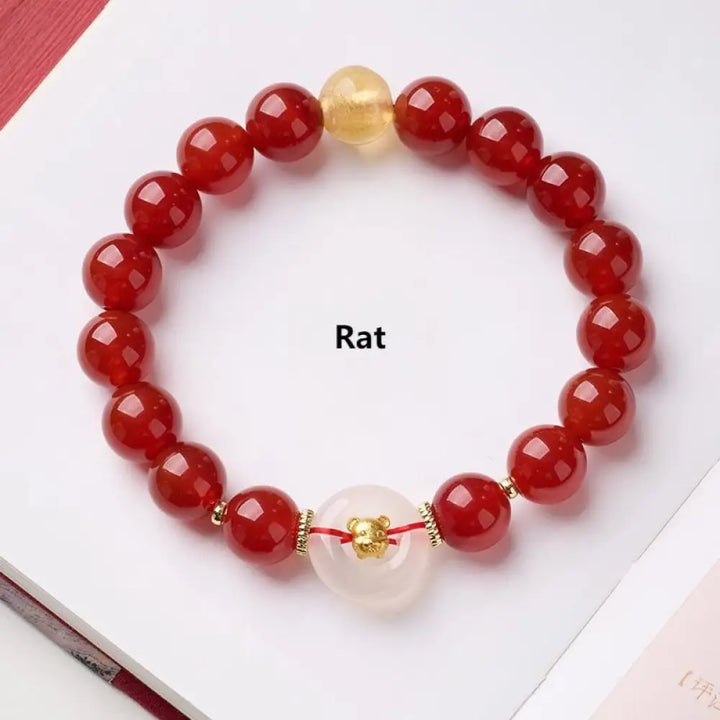 Buddha Stones Chinese Zodiac Year Of The Horse Peace Buckle Red Agate White Chalcedony Confidence Bracelet - Rat