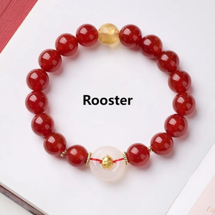 Buddha Stones Chinese Zodiac Year Of The Horse Peace Buckle Red Agate White Chalcedony Confidence Bracelet - Rooster