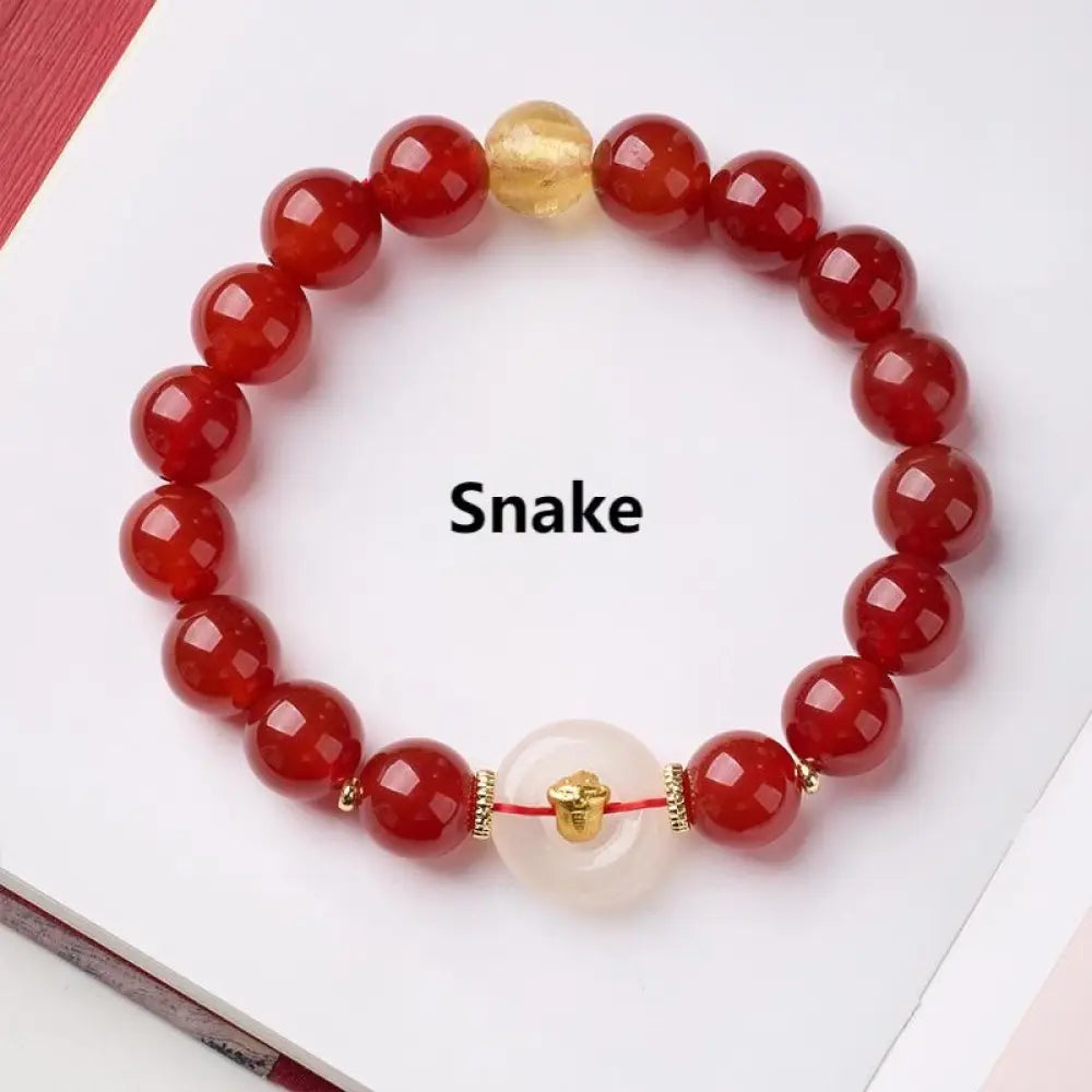 Buddha Stones Chinese Zodiac Year Of The Horse Peace Buckle Red Agate White Chalcedony Confidence Bracelet - Snake