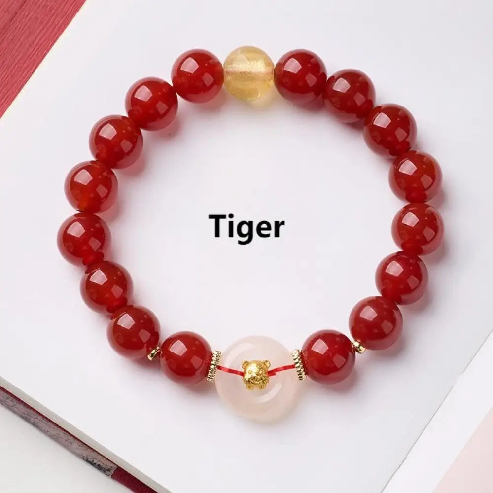 Buddha Stones Chinese Zodiac Year Of The Horse Peace Buckle Red Agate White Chalcedony Confidence Bracelet - Tiger