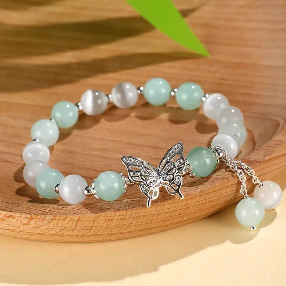 Buddha Stones Chrysoberyl Cat’s Eye Chalcedony Butterfly Love Bracelet - BWOOOH - Cat’s Eye Green Chalcedony(Wrist
