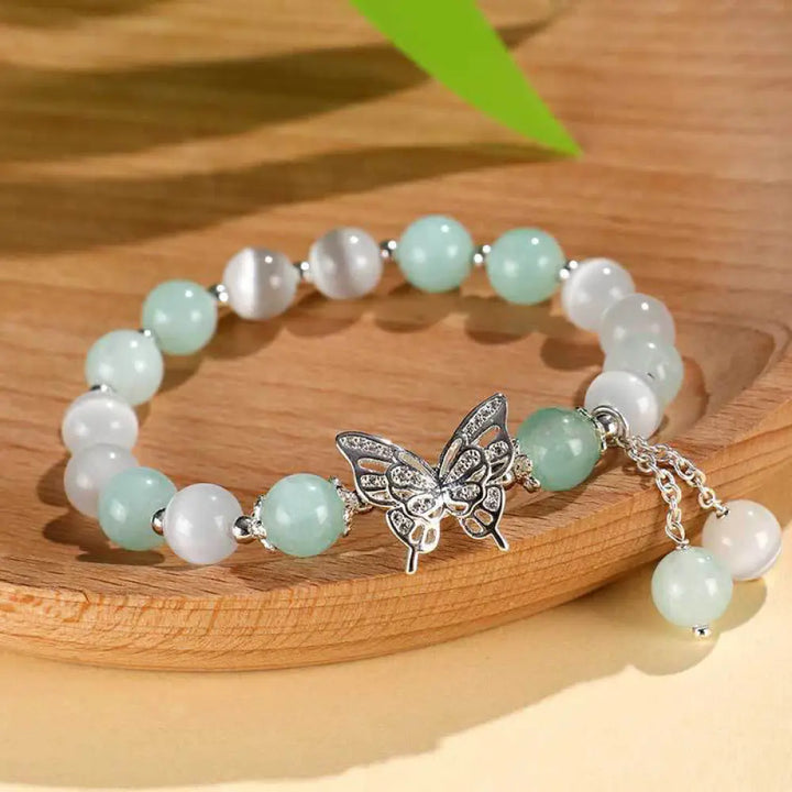 Buddha Stones Chrysoberyl Cat’s Eye Chalcedony Butterfly Love Bracelet - BWOOOH - Cat’s Eye Green Chalcedony(Wrist
