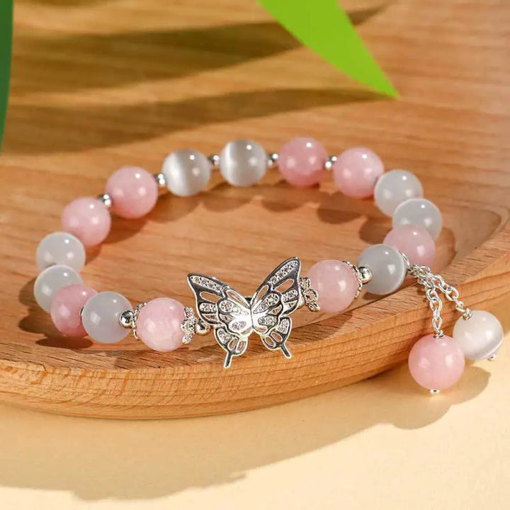 Buddha Stones Chrysoberyl Cat’s Eye Chalcedony Butterfly Love Bracelet - BWOOOH - Cat’s Eye Pink Chalcedony(Wrist
