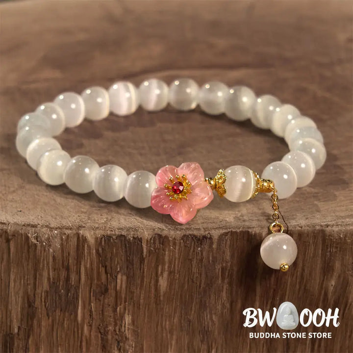 Buddha Stones Chrysoberyl Cat’s Eye Pink Flowers Support Bracelet - BWOOOH - Cat’s Eye(Wrist Circumference: 14-17cm)