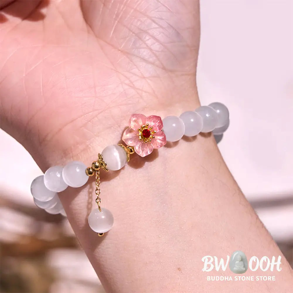 Buddha Stones Chrysoberyl Cat’s Eye Pink Flowers Support Bracelet - BWOOOH - Cat’s Eye(Wrist Circumference: 14-17cm)