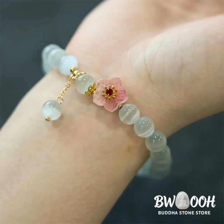 Buddha Stones Chrysoberyl Cat’s Eye Pink Flowers Support Bracelet - BWOOOH - Cat’s Eye(Wrist Circumference: 14-17cm)