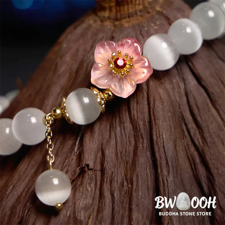 Buddha Stones Chrysoberyl Cat’s Eye Pink Flowers Support Bracelet - BWOOOH - Cat’s Eye(Wrist Circumference: 14-17cm)