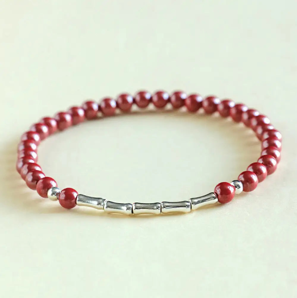 Buddha Stones Cinnabar 925 Sterling Silver Calm Concentration Bracelet - Red Cinnabar 4mm Bead(Wrist Circumference:
