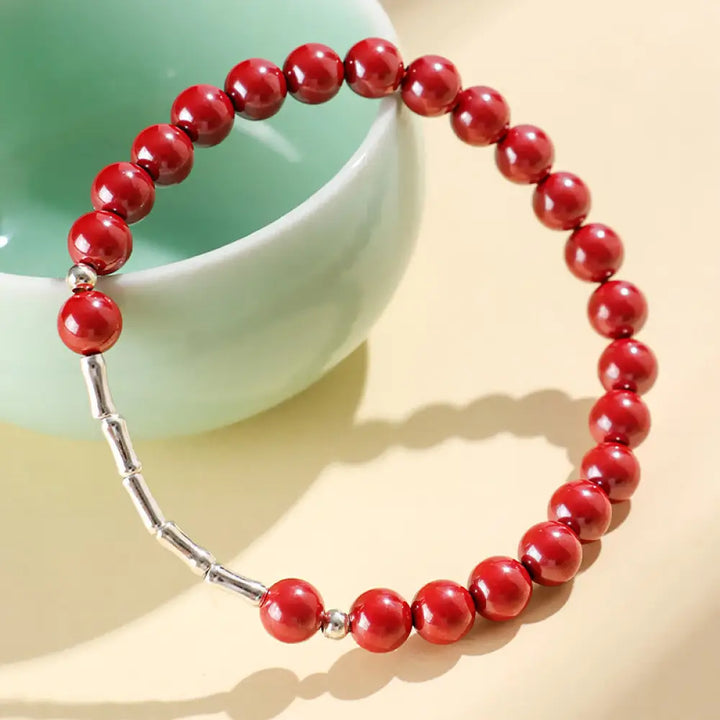 Buddha Stones Cinnabar 925 Sterling Silver Calm Concentration Bracelet - Red Cinnabar 6mm Bead(Wrist Circumference: