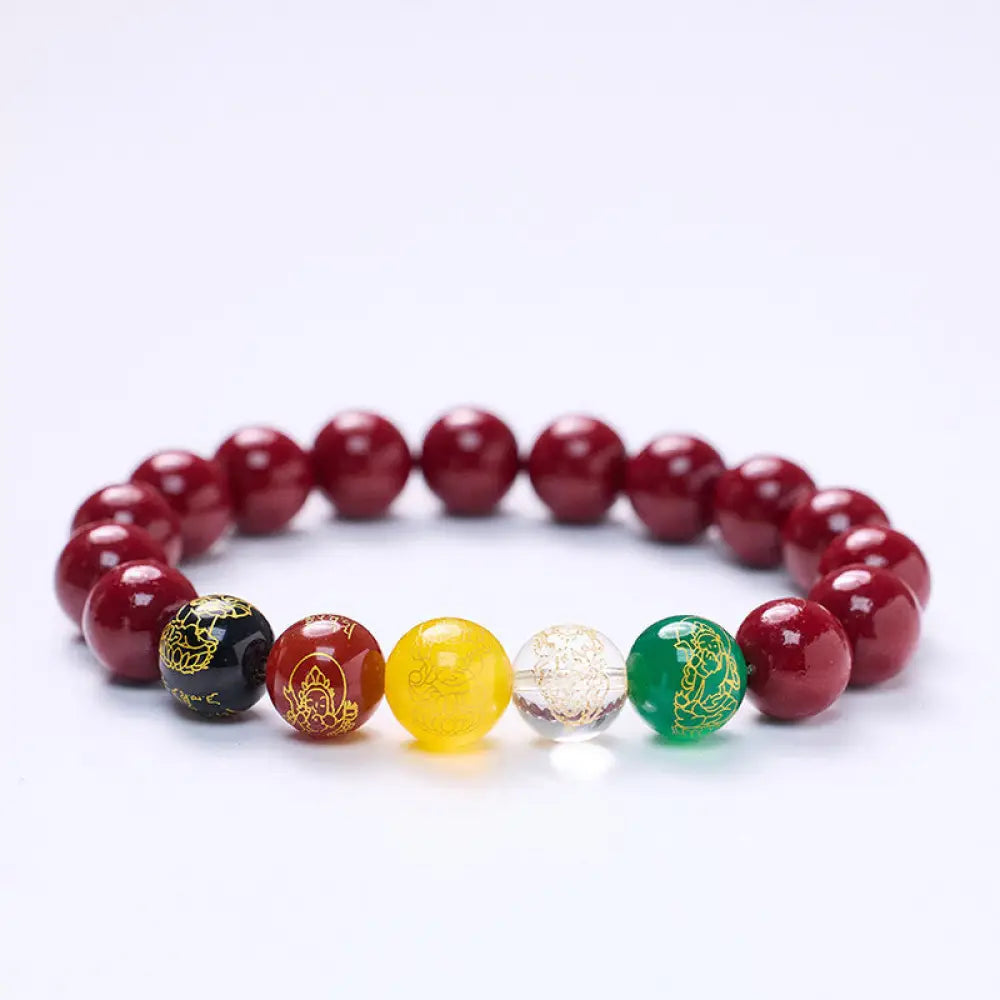 Buddha Stones Cinnabar Agate Five Directions Gods Of Wealth Blessing Bracelet - BWOOOH - Cinnabar-10mm(Wrist