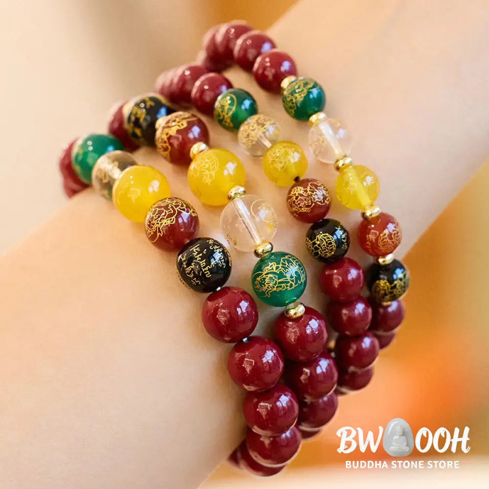 Buddha Stones Cinnabar Agate Five Directions Gods Of Wealth Blessing Bracelet - BWOOOH - Bracelet