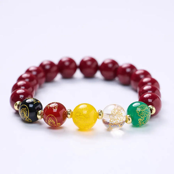 Buddha Stones Cinnabar Agate Five Directions Gods Of Wealth Blessing Bracelet - BWOOOH - Cinnabar&amp;Golden