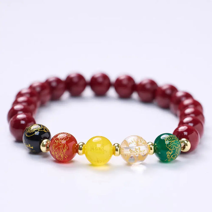 Buddha Stones Cinnabar Agate Five Directions Gods Of Wealth Blessing Bracelet - BWOOOH - Cinnabar&amp;Golden