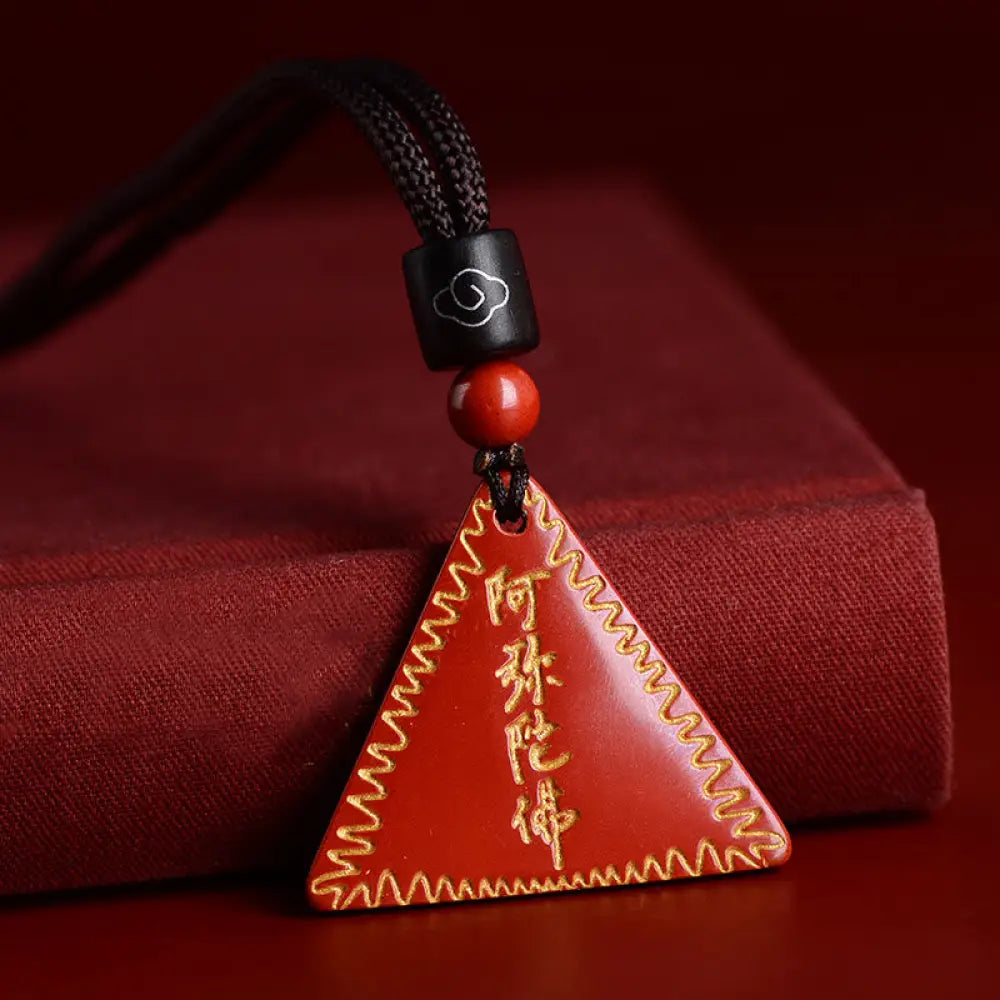 Buddha Stones Cinnabar Amitabha Calm Necklace Pendant - BWOOOH - Orange-Red Cinnabar Gilded / Brown Rope - Necklaces &