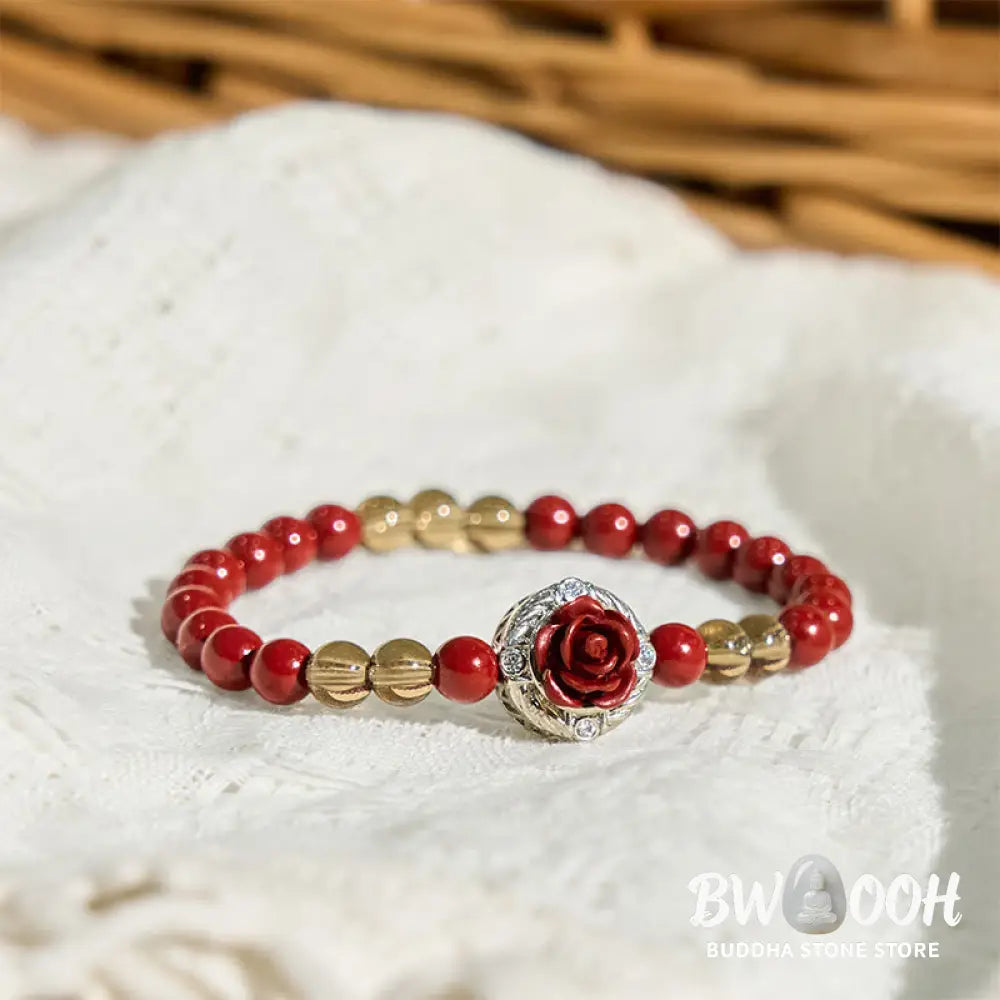 Buddha Stones Cinnabar Angora Red Shell Pearl Rose Petals Calm Bracelet - BWOOOH - Cinnabar(Wrist Circumference: